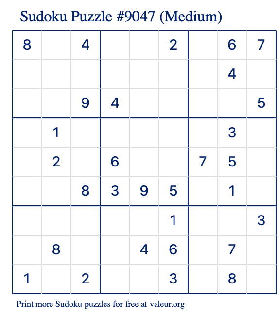 Free Printable Medium Sudoku Puzzle number 9047