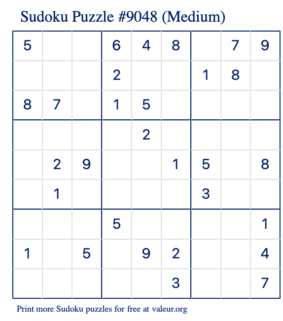 Free Printable Medium Sudoku Puzzle number 9048