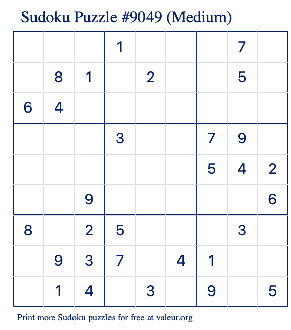 Free Printable Medium Sudoku Puzzle number 9049