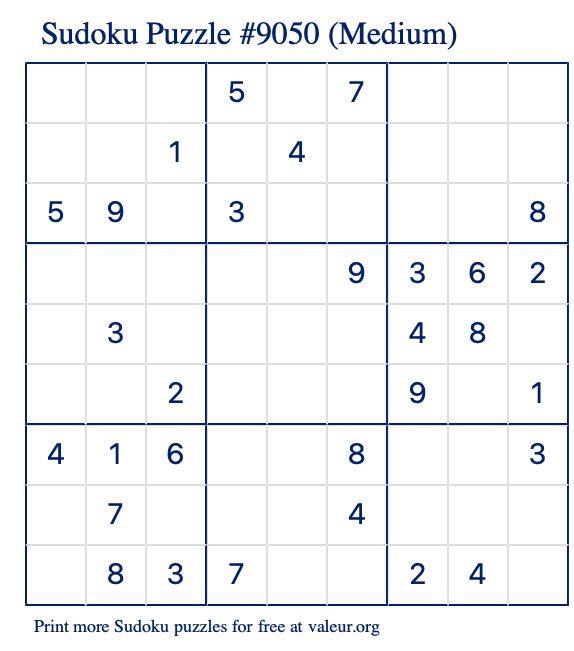 Free Printable Medium Sudoku Puzzle number 9050