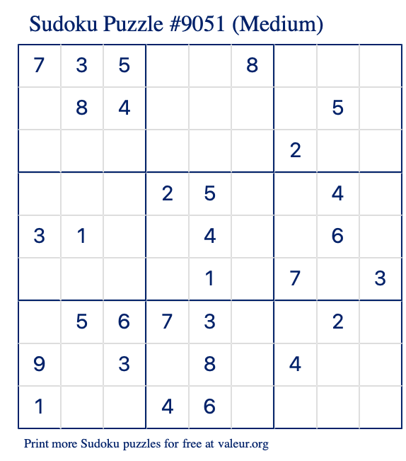 Free Printable Medium Sudoku Puzzle number 9051