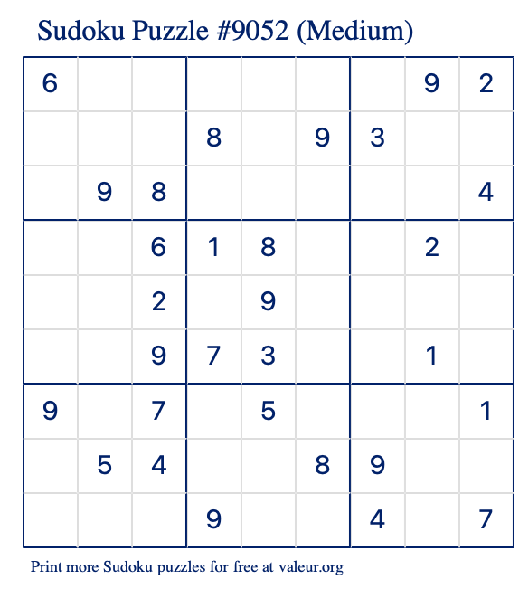 Free Printable Medium Sudoku Puzzle number 9052