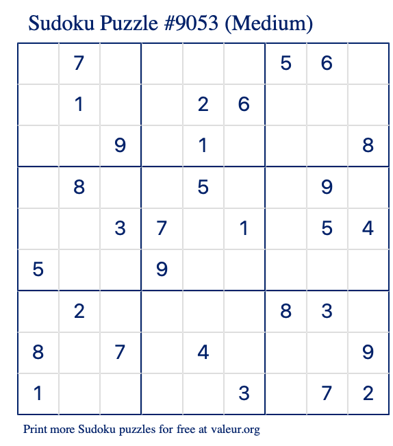 Free Printable Medium Sudoku Puzzle number 9053