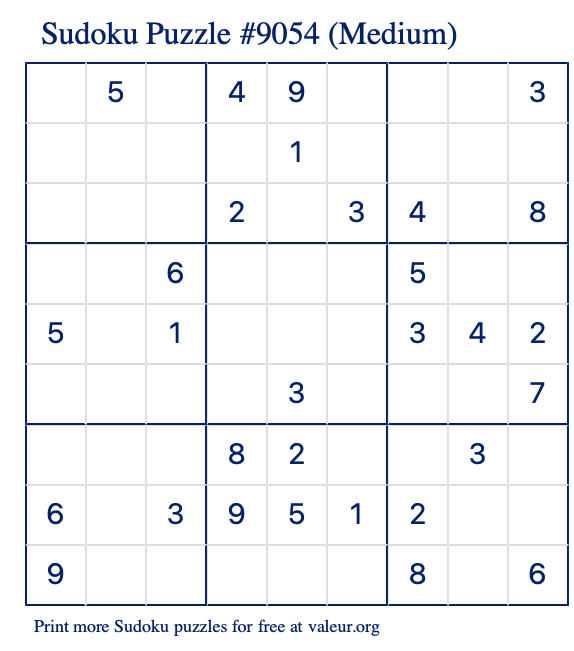 Free Printable Medium Sudoku Puzzle number 9054