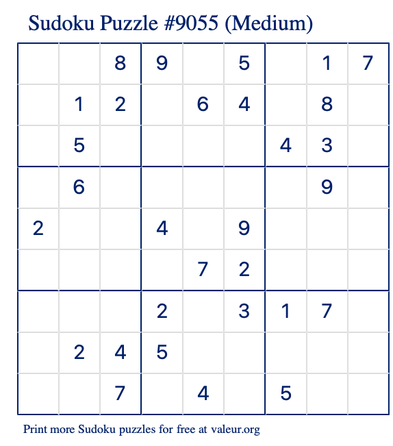 Free Printable Medium Sudoku Puzzle number 9055