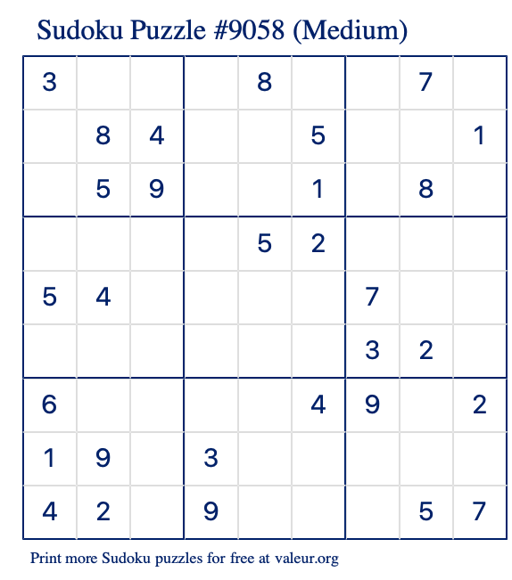 Free Printable Medium Sudoku Puzzle number 9058