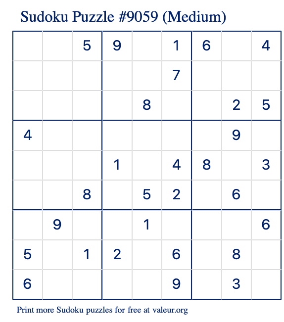 Free Printable Medium Sudoku Puzzle number 9059