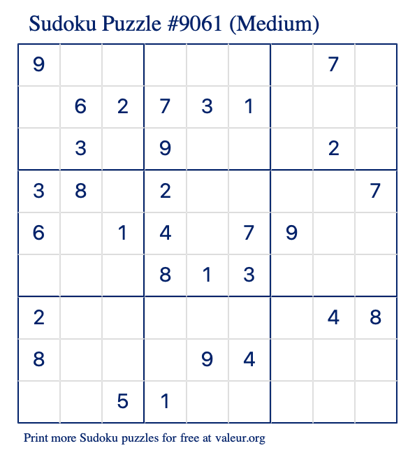 Free Printable Medium Sudoku Puzzle number 9061