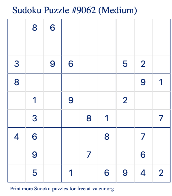 Free Printable Medium Sudoku Puzzle number 9062