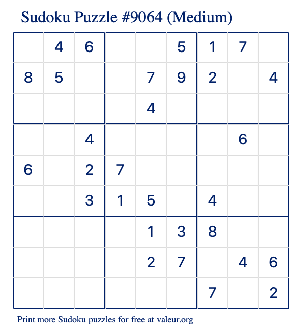 Free Printable Medium Sudoku Puzzle number 9064