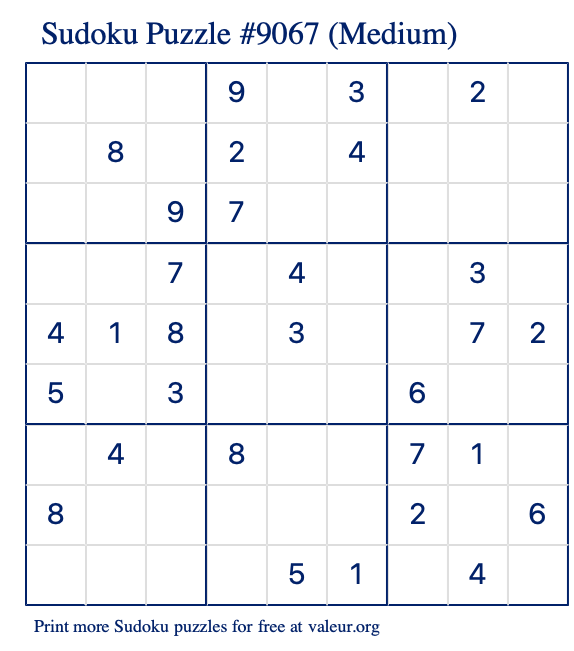 Free Printable Medium Sudoku Puzzle number 9067