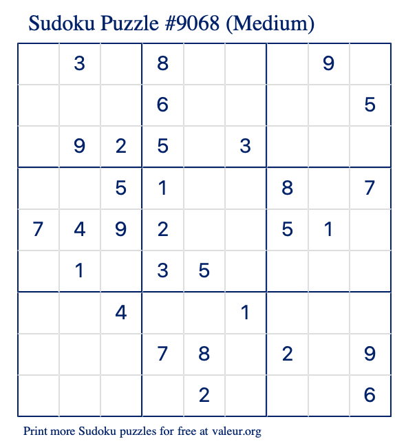 Free Printable Medium Sudoku Puzzle number 9068