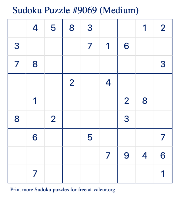 Free Printable Medium Sudoku Puzzle number 9069