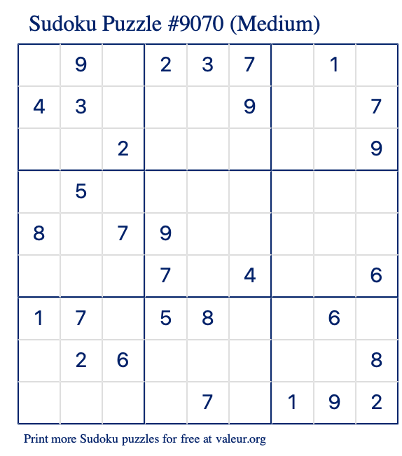 Free Printable Medium Sudoku Puzzle number 9070