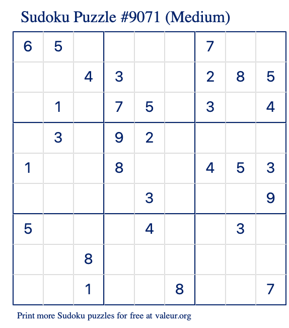 Free Printable Medium Sudoku Puzzle number 9071