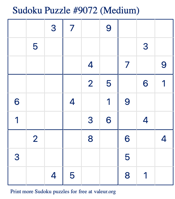 Free Printable Medium Sudoku Puzzle number 9072