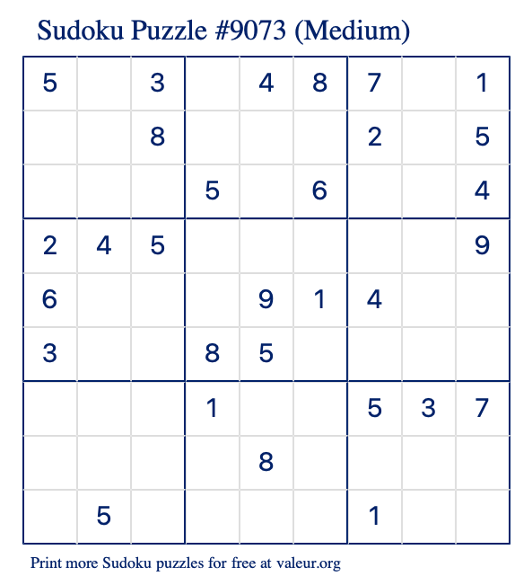 Free Printable Medium Sudoku Puzzle number 9073