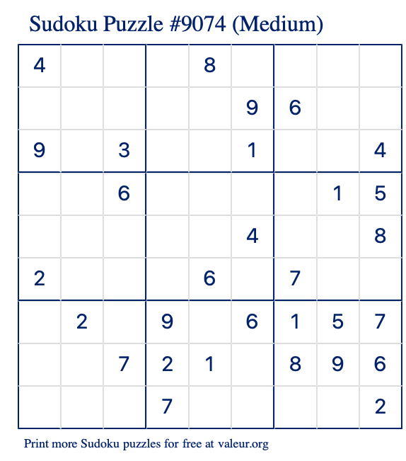 Free Printable Medium Sudoku Puzzle number 9074