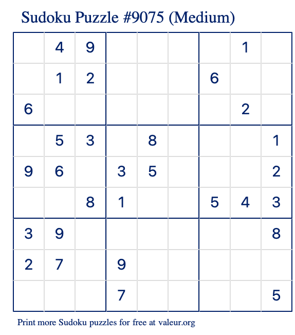 Free Printable Medium Sudoku Puzzle number 9075