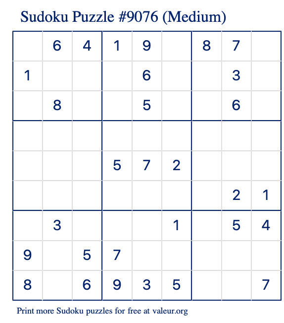 Free Printable Medium Sudoku Puzzle number 9076