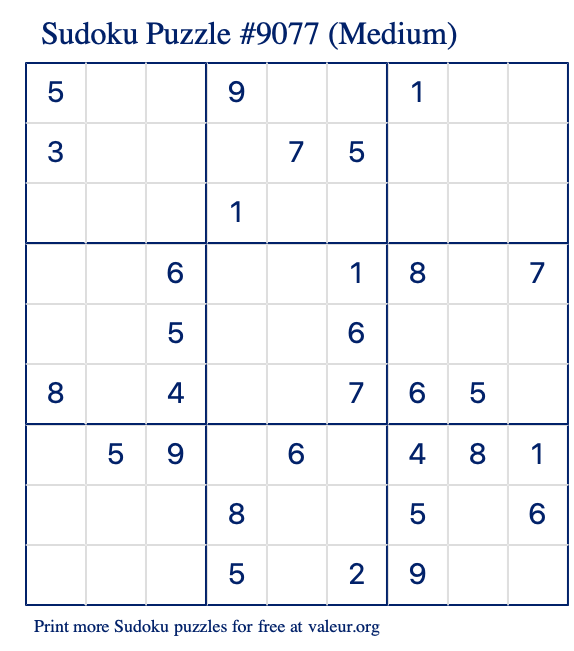 Free Printable Medium Sudoku Puzzle number 9077