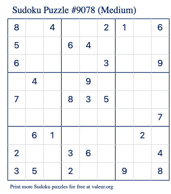 Free Printable Medium Sudoku Puzzle number 9078