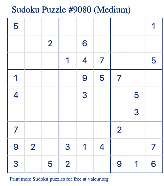 Free Printable Medium Sudoku Puzzle number 9080