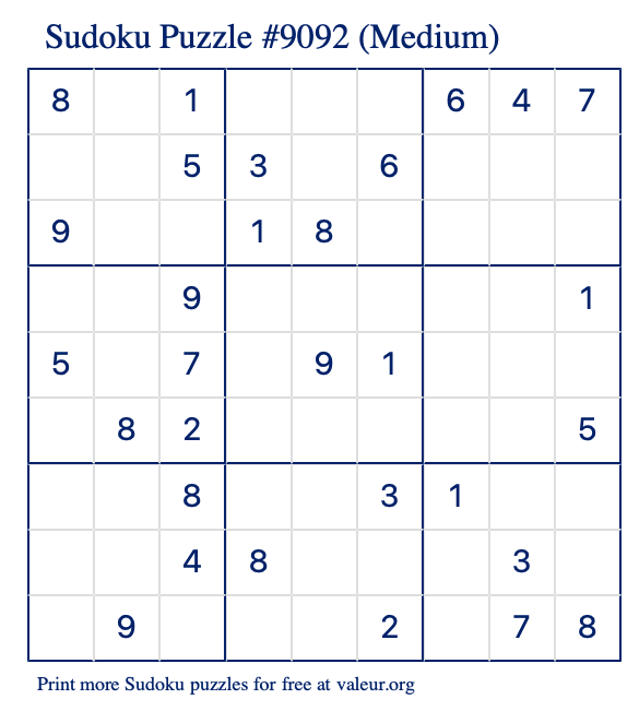 Free Printable Medium Sudoku Puzzle number 9092