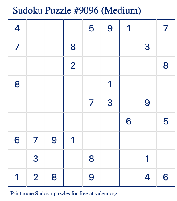 Free Printable Medium Sudoku Puzzle number 9096