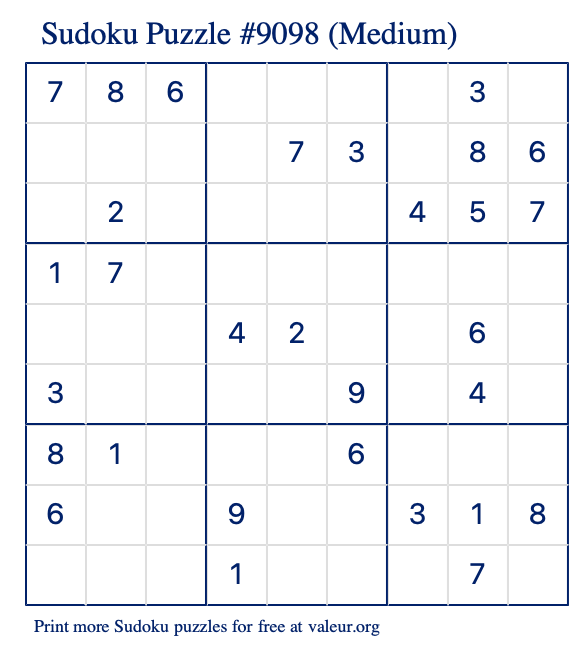 Free Printable Medium Sudoku Puzzle number 9098