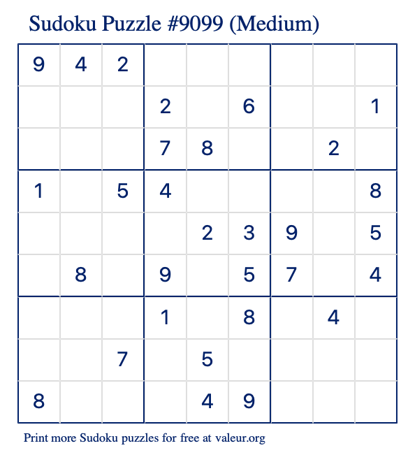 Free Printable Medium Sudoku Puzzle number 9099