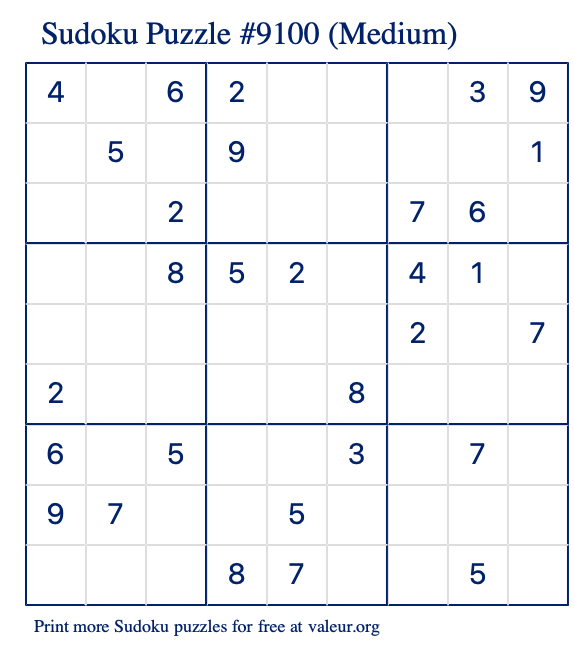 Free Printable Medium Sudoku Puzzle number 9100