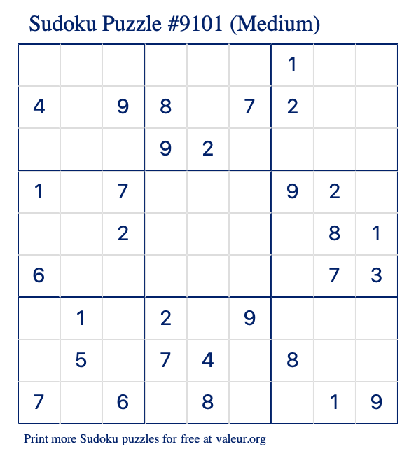 Free Printable Medium Sudoku Puzzle number 9101