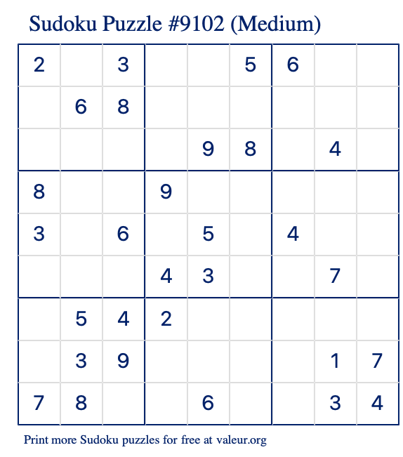 Free Printable Medium Sudoku Puzzle number 9102