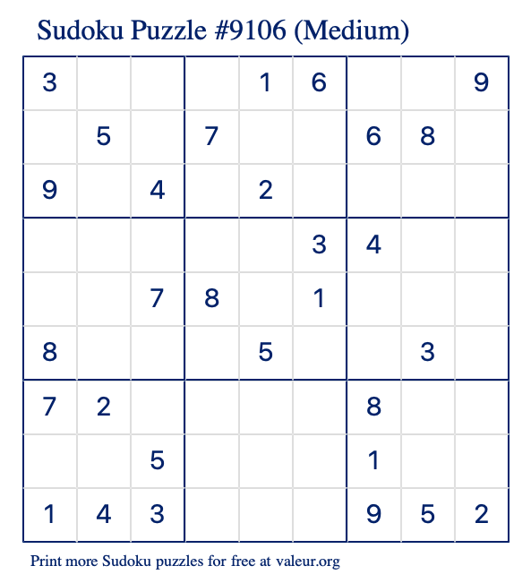 Free Printable Medium Sudoku Puzzle number 9106