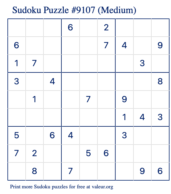 Free Printable Medium Sudoku Puzzle number 9107