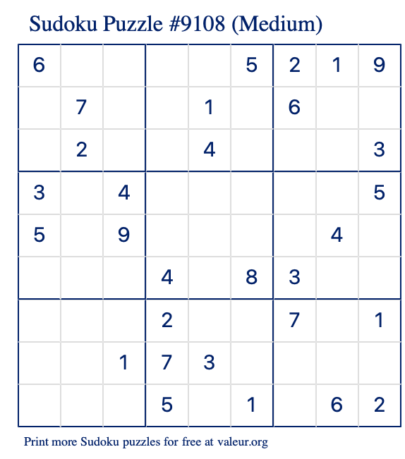 Free Printable Medium Sudoku Puzzle number 9108