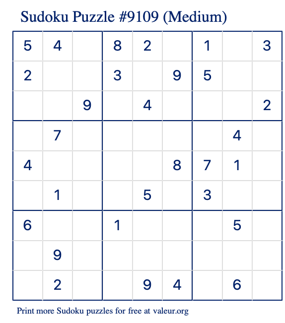 Free Printable Medium Sudoku Puzzle number 9109