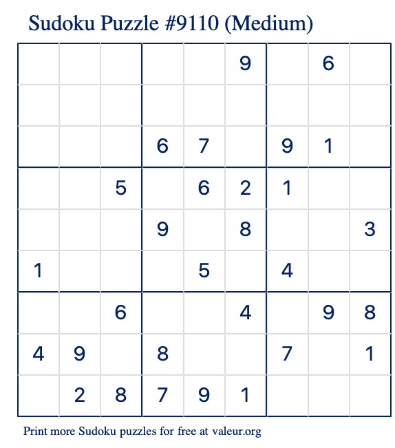 Free Printable Medium Sudoku Puzzle number 9110