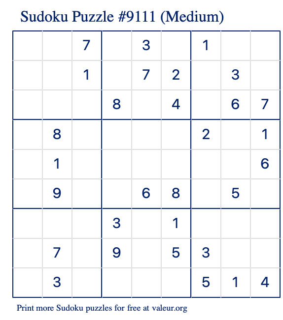 Free Printable Medium Sudoku Puzzle number 9111