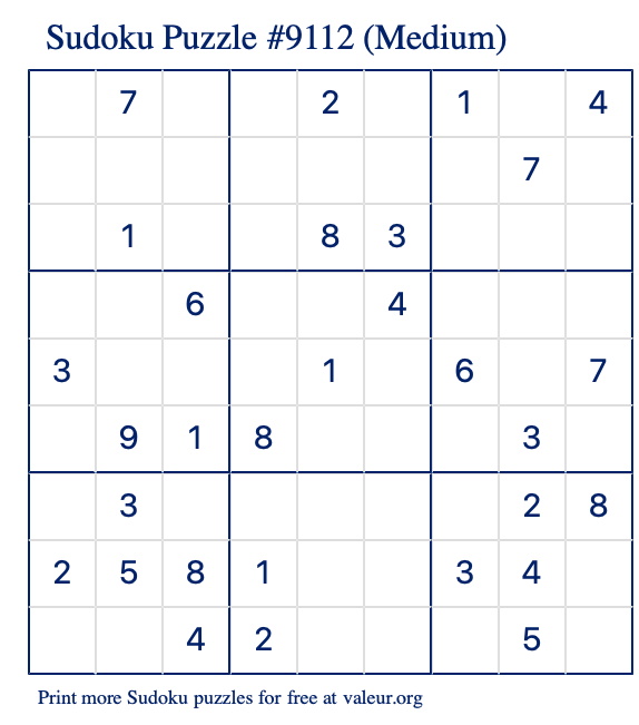 Free Printable Medium Sudoku Puzzle number 9112