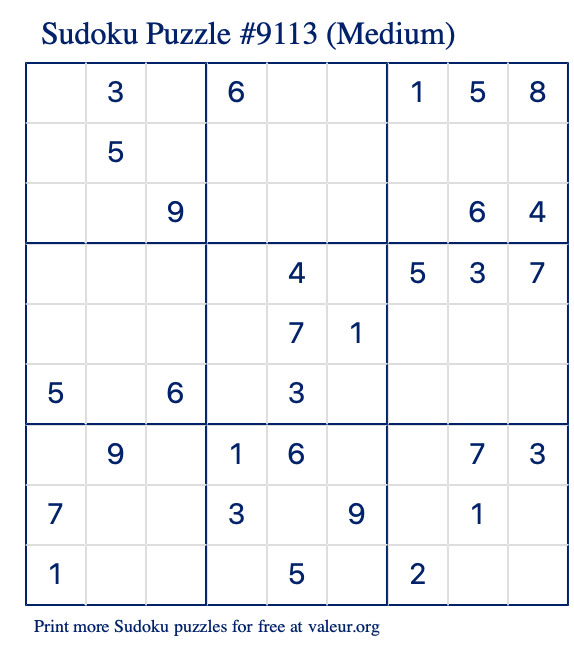 Free Printable Medium Sudoku Puzzle number 9113