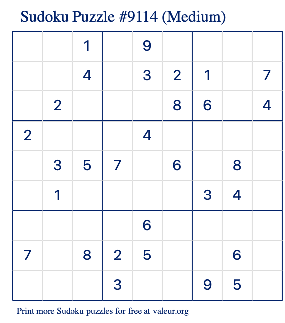 Free Printable Medium Sudoku Puzzle number 9114