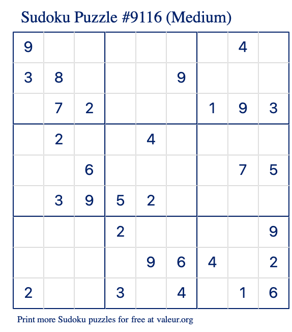 Free Printable Medium Sudoku Puzzle number 9116