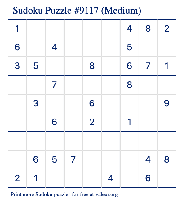 Free Printable Medium Sudoku Puzzle number 9117