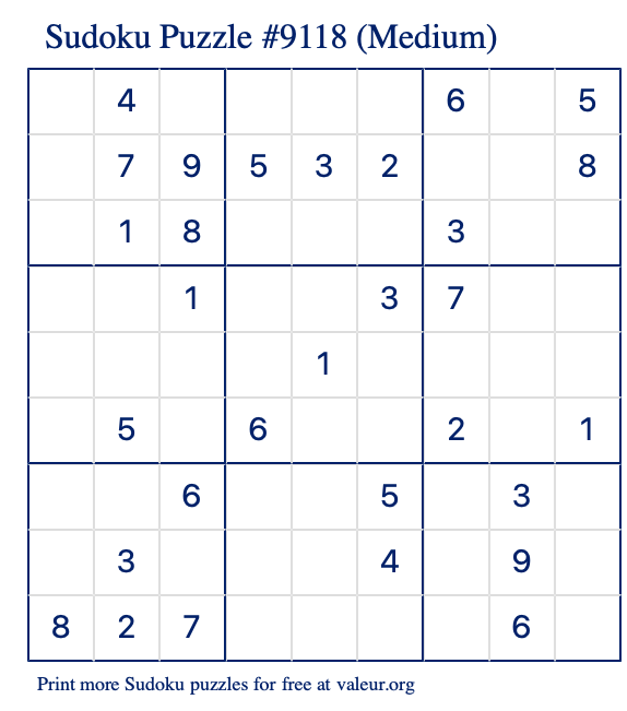 Free Printable Medium Sudoku Puzzle number 9118