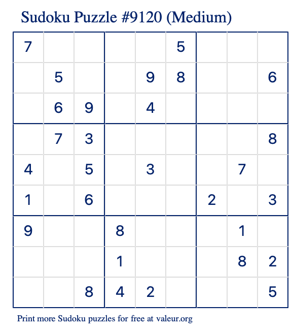 Free Printable Medium Sudoku Puzzle number 9120