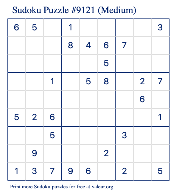 Free Printable Medium Sudoku Puzzle number 9121