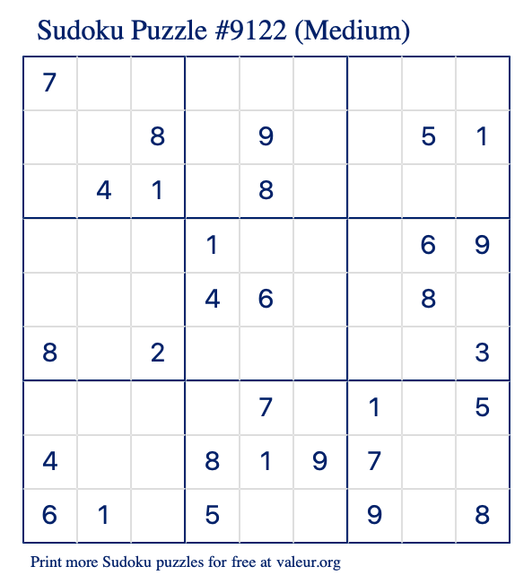 Free Printable Medium Sudoku Puzzle number 9122