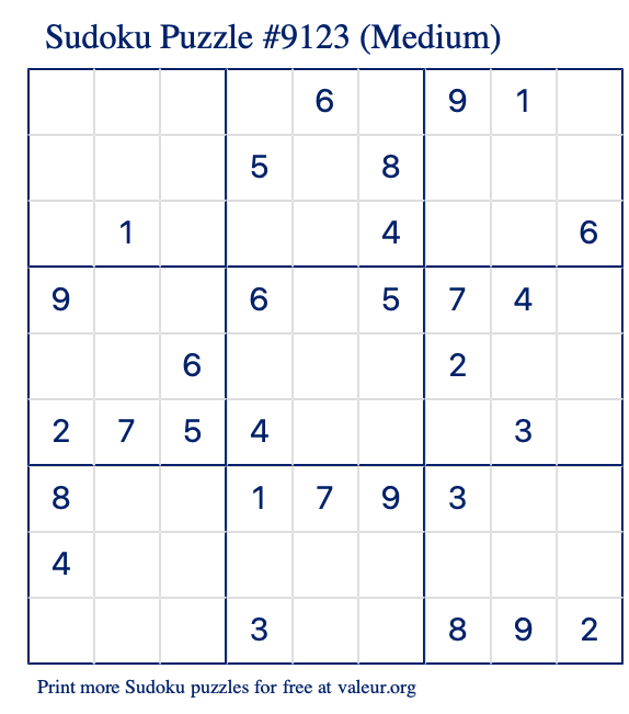 Free Printable Medium Sudoku Puzzle number 9123